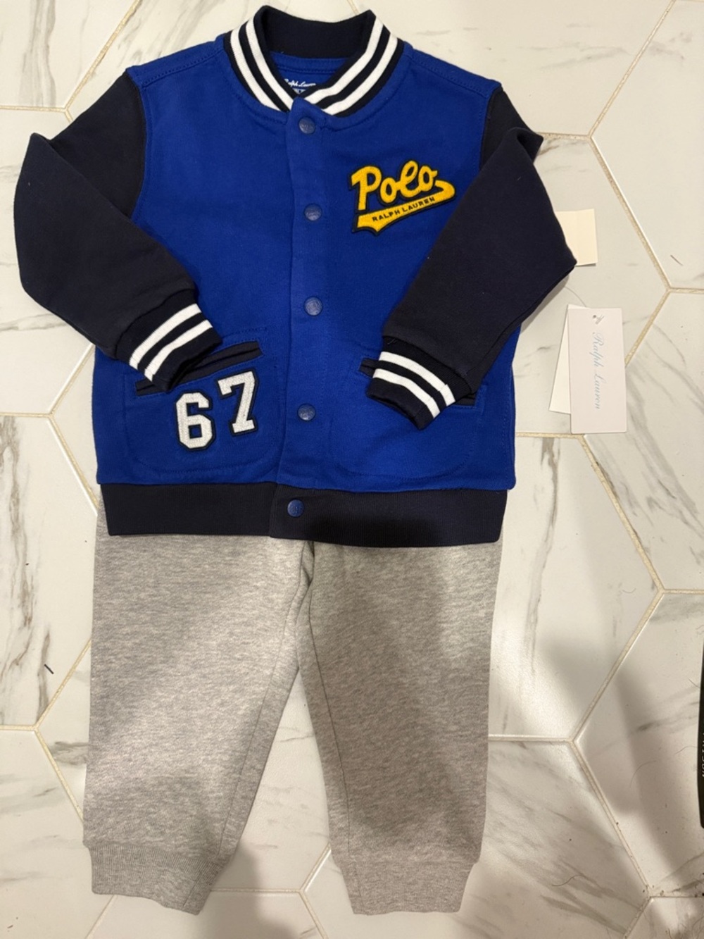 Polo by Ralph Lauren Kids Blue & Navy Varsity Sweatshirt Jacket w/Grey Sweats